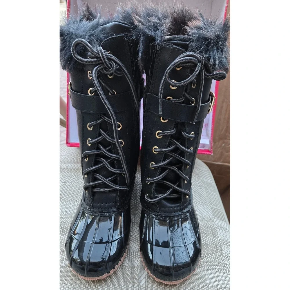 Link Girls Black Duck Boots Faux Fur Trim Winter Snow Shoes Size 13